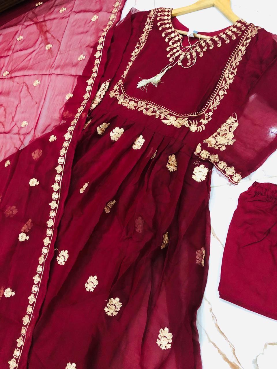 Stunning 3 Pcs Women's Stitched Maxi Suit in Embroidered Chiffon - Maroon
