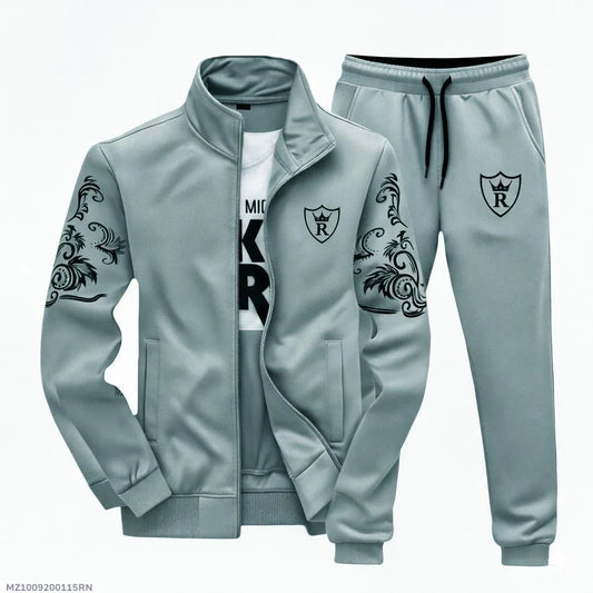 2 Pcs Men's Fleece Printed Zipper Track Suit