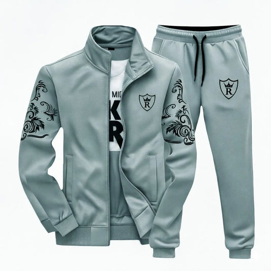 2 Pcs Men's Fleece Printed Zipper Track Suit