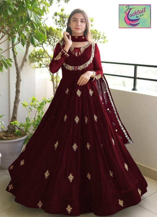 Stunning 3 Pcs Women's Stitched Maxi Suit in Embroidered Chiffon - Maroon