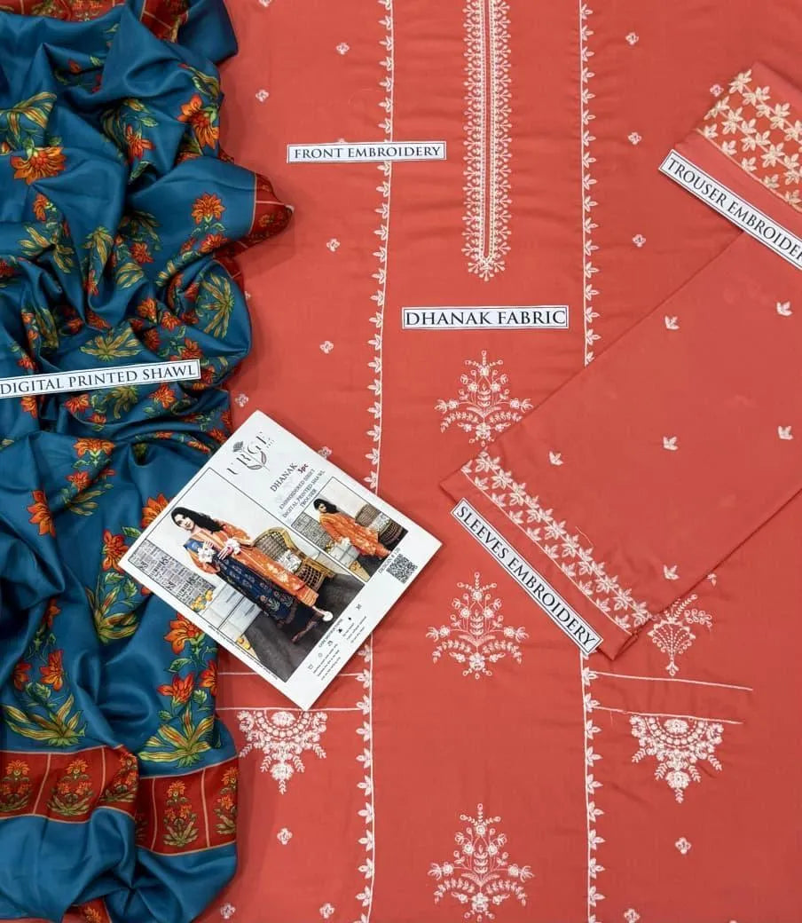 3 Pcs Women's Unstitched Embroidered Suit