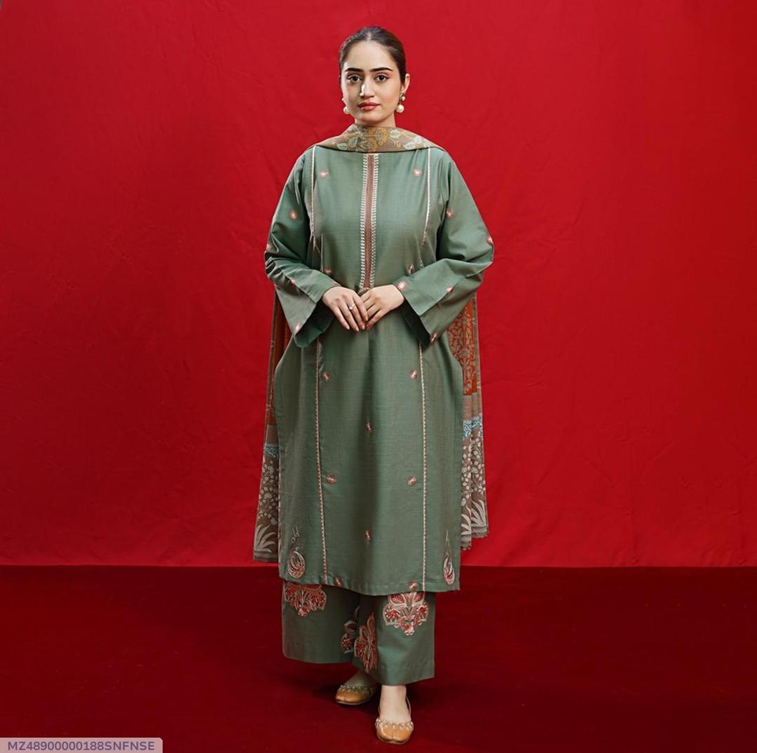 3 Pcs Women's Unstitched Dhanak Embroidered Suit