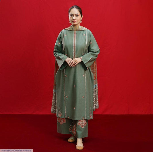 3 Pcs Women's Unstitched Dhanak Embroidered Suit