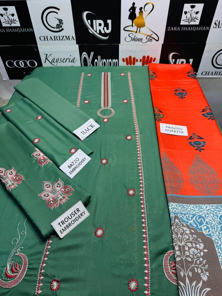 3 Pcs Women's Unstitched Dhanak Embroidered Suit