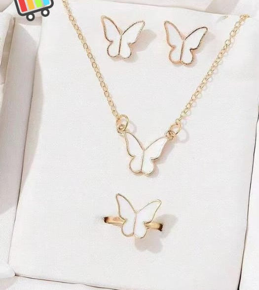 Butterfly Set, Pack Of 4 / Pendants Necklace Earrings Ring For Women Jewelry -White
